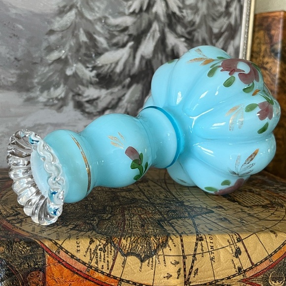 Vintage Blue Hand-Painted Glass Bottle Vase Floral Ruffled Rim No Stopper - Picture 3 of 10